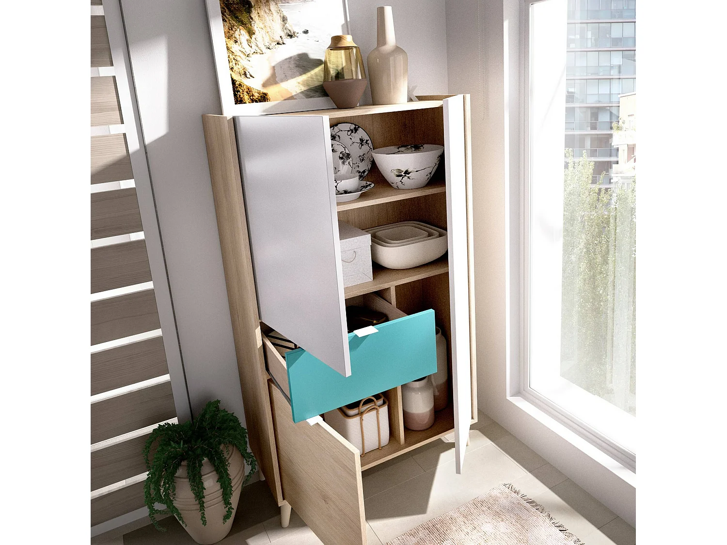 Credenza Duan, Buffet dispensa da soggiorno, Madia moderna da salotto a 3 ante, 81x43h137 cm, Bianco e Rovere