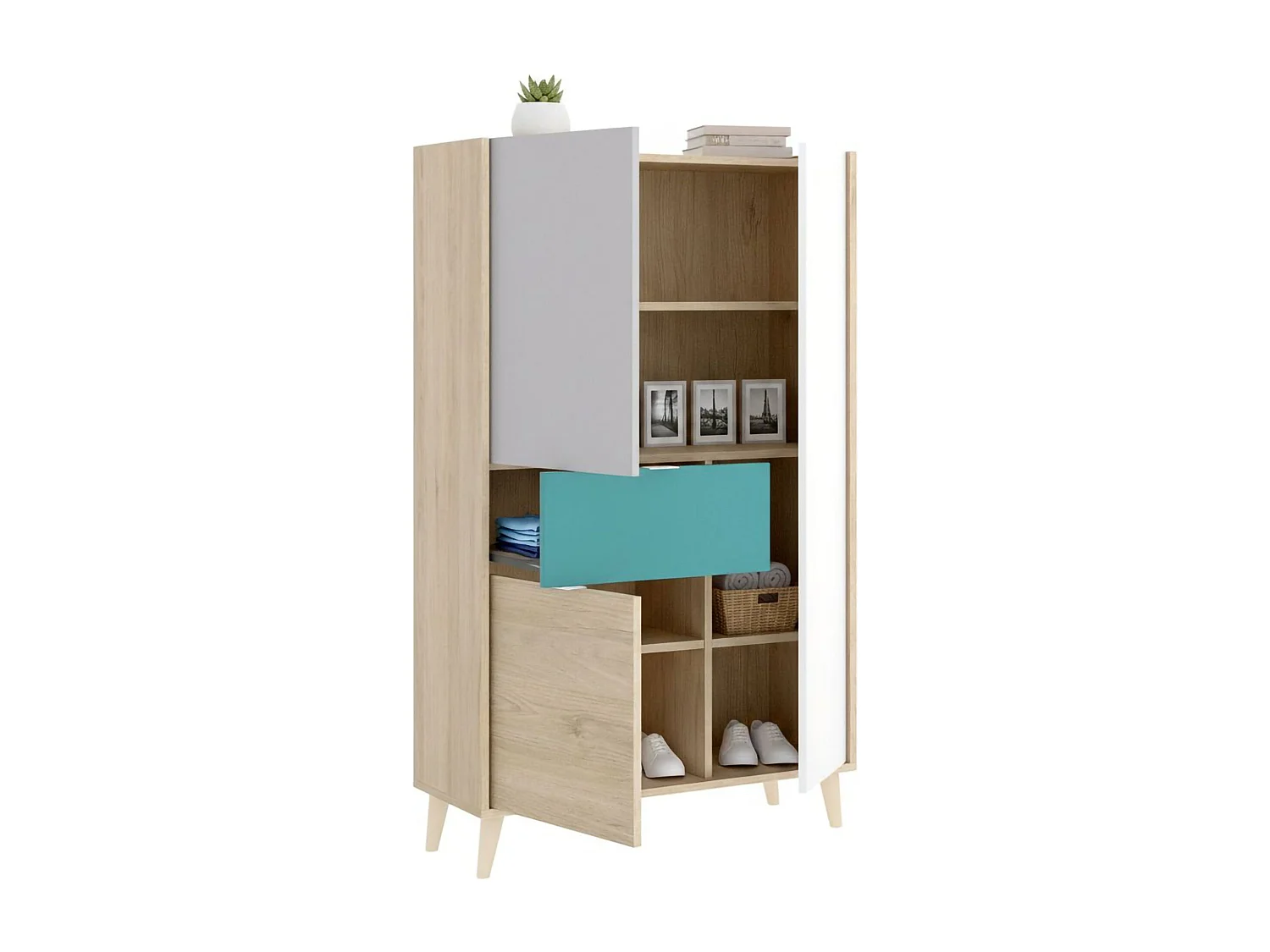 Aparador Duan, Buffet despensa de sala, Aparador de sala moderno com 3 portas, 81x43h137 cm, Branco e Carvalho