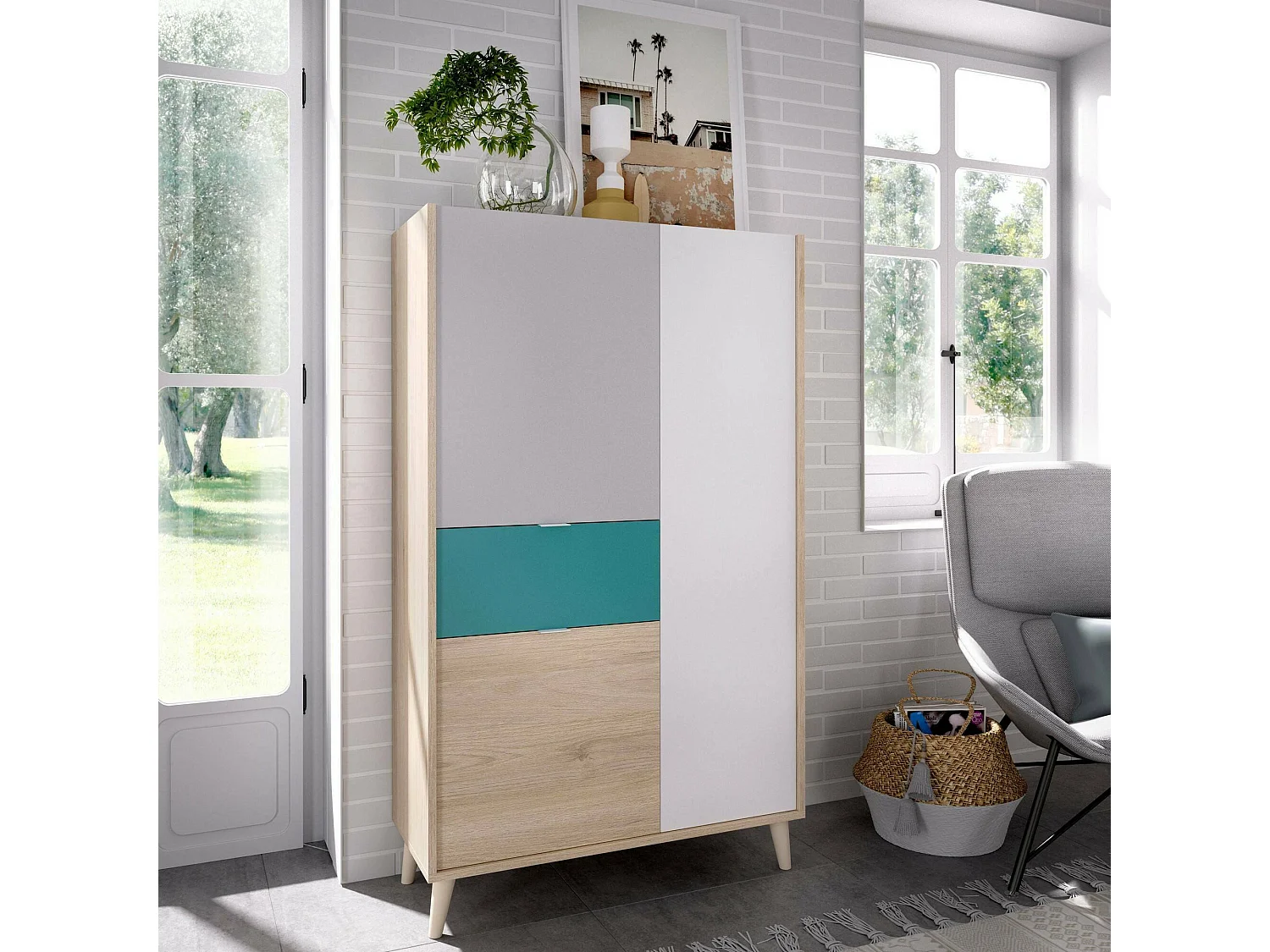 Aparador Duan, Buffet despensa de sala, Aparador de sala moderno com 3 portas, 81x43h137 cm, Branco e Carvalho