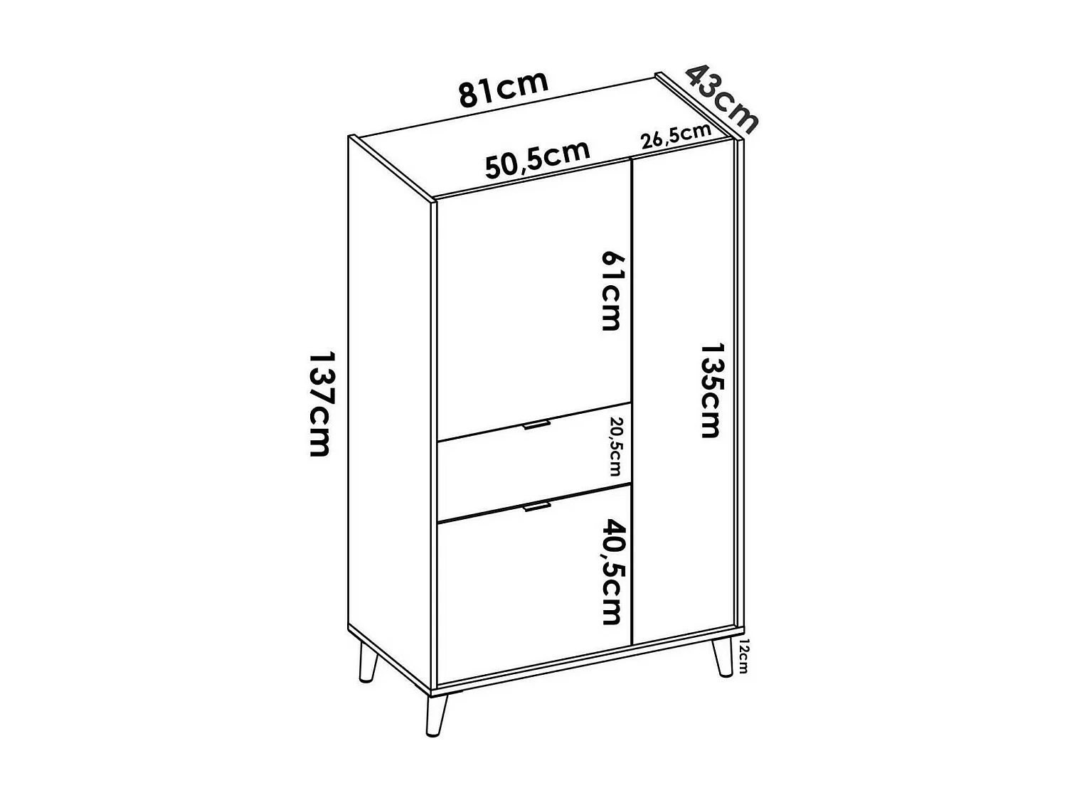 Aparador Duan, Buffet despensa de sala, Aparador de sala moderno com 3 portas, 81x43h137 cm, Branco e Carvalho