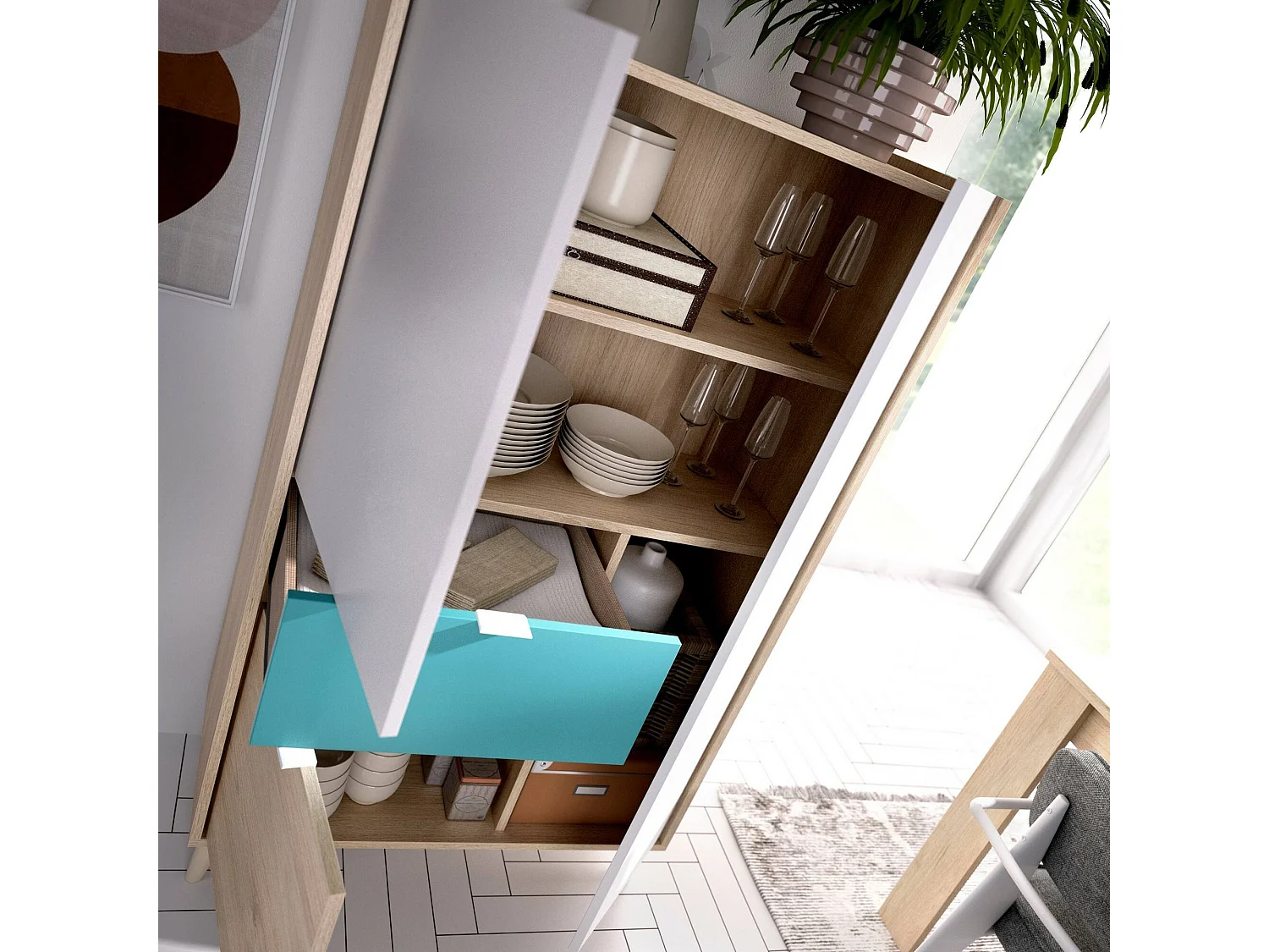 Aparador Duan, Buffet despensa de sala, Aparador de sala moderno com 3 portas, 81x43h137 cm, Branco e Carvalho