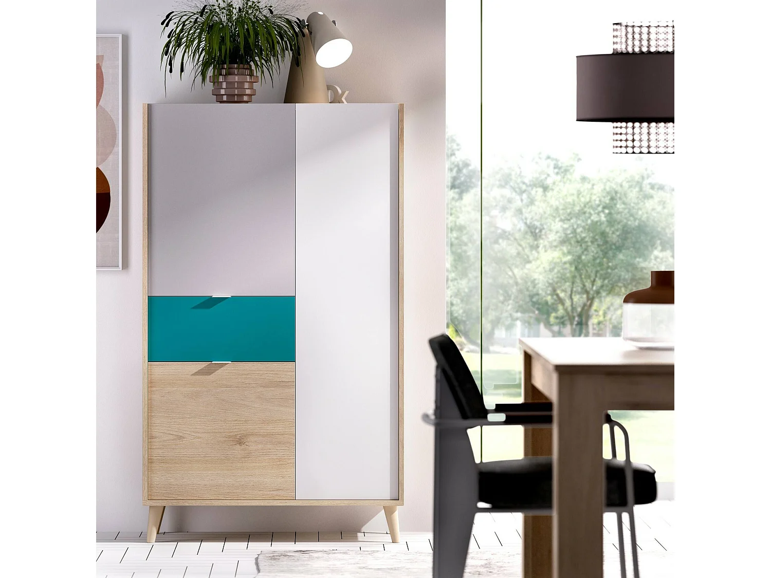 Aparador Duan, Buffet despensa de sala, Aparador de sala moderno com 3 portas, 81x43h137 cm, Branco e Carvalho