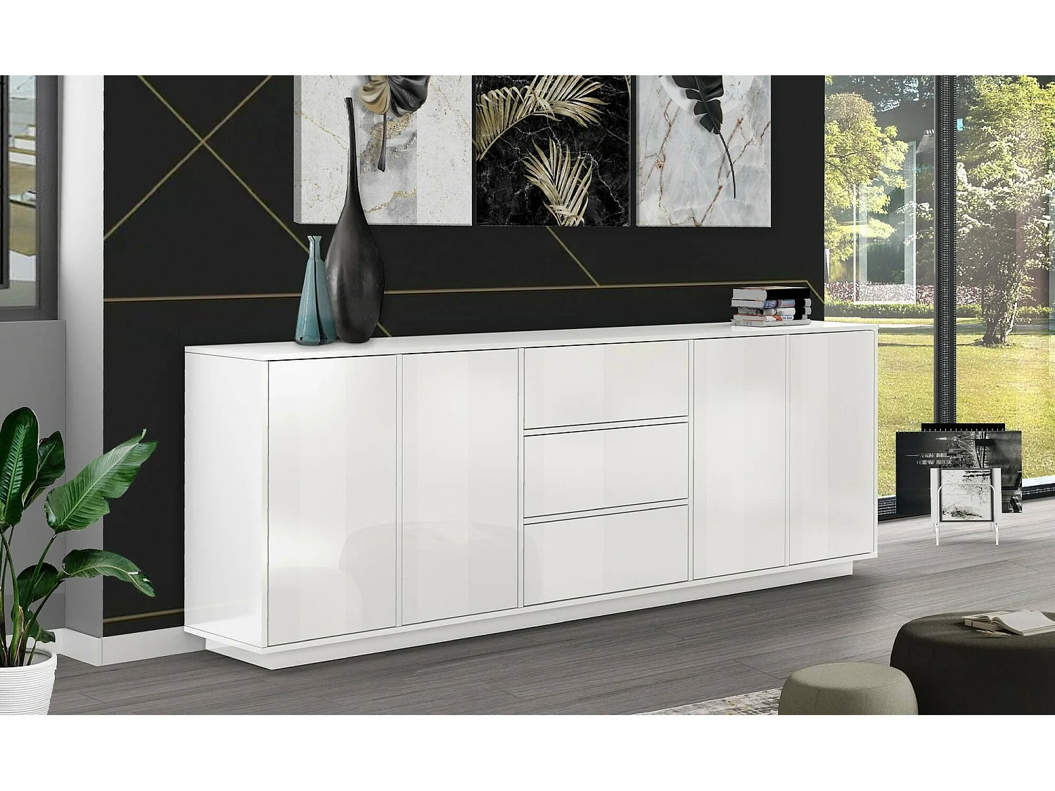 Kommode, Küchen-Sideboard mit 4 Türen und 3 Schubladen, Wohnzimmer-Buffet, 100 % Made in Italy, cm 220x41h86, glänzend weiß