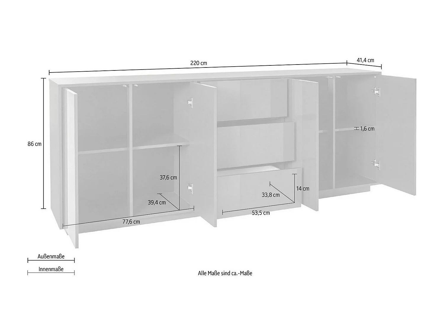 Kommode, Küchen-Sideboard mit 4 Türen und 3 Schubladen, Wohnzimmer-Buffet, 100 % Made in Italy, cm 220x41h86, glänzend weiß
