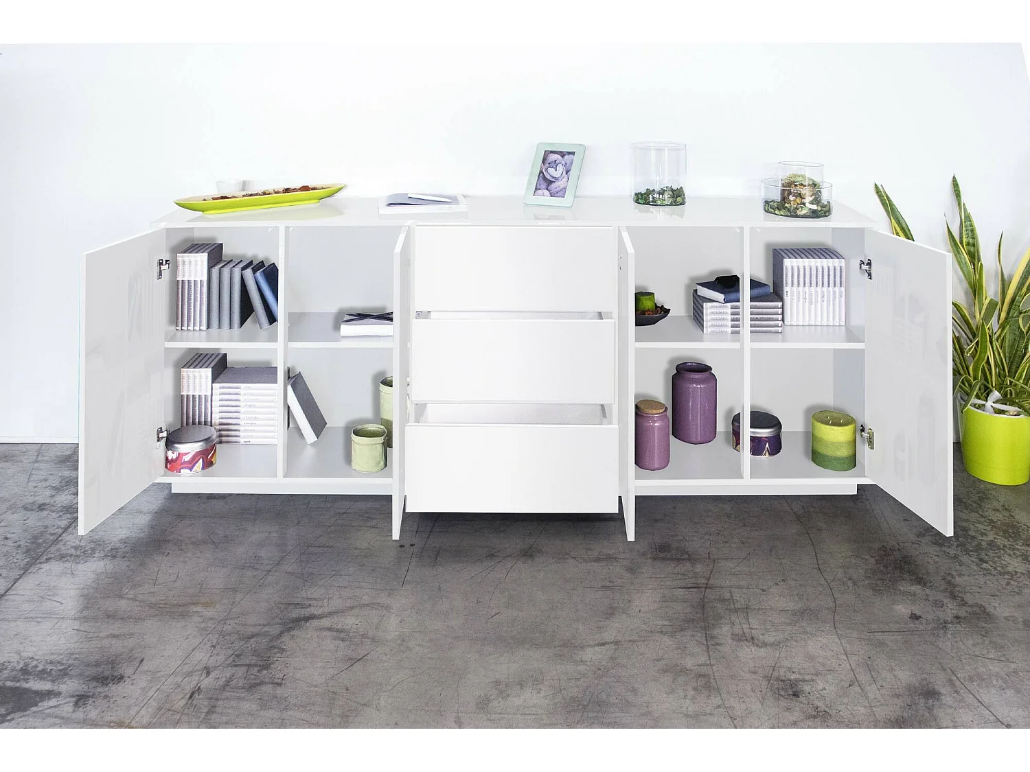 Kommode, Küchen-Sideboard mit 4 Türen und 3 Schubladen, Wohnzimmer-Buffet, 100 % Made in Italy, cm 220x41h86, glänzend weiß