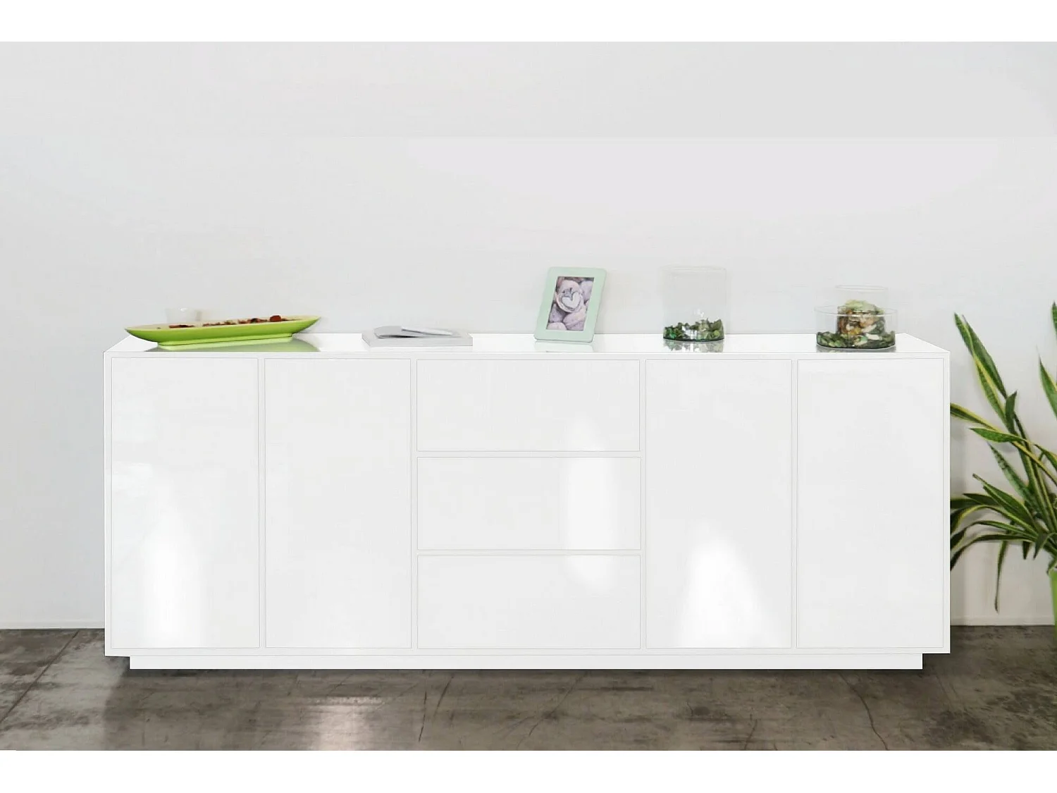 Kommode, Küchen-Sideboard mit 4 Türen und 3 Schubladen, Wohnzimmer-Buffet, 100 % Made in Italy, cm 220x41h86, glänzend weiß