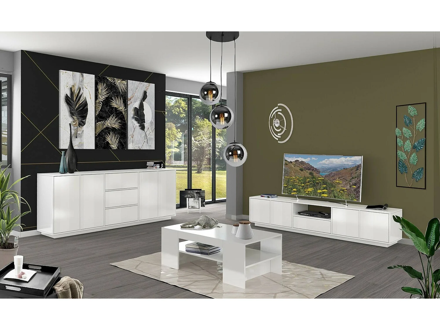 Kommode, Küchen-Sideboard mit 4 Türen und 3 Schubladen, Wohnzimmer-Buffet, 100 % Made in Italy, cm 220x41h86, glänzend weiß