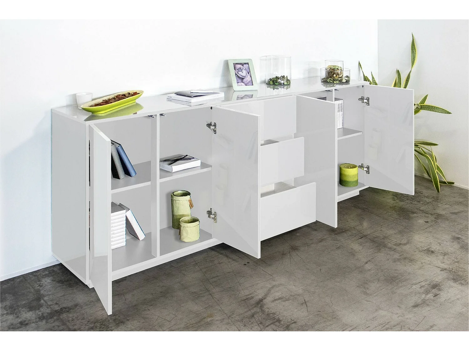 Kommode, Küchen-Sideboard mit 4 Türen und 3 Schubladen, Wohnzimmer-Buffet, 100 % Made in Italy, cm 220x41h86, glänzend weiß