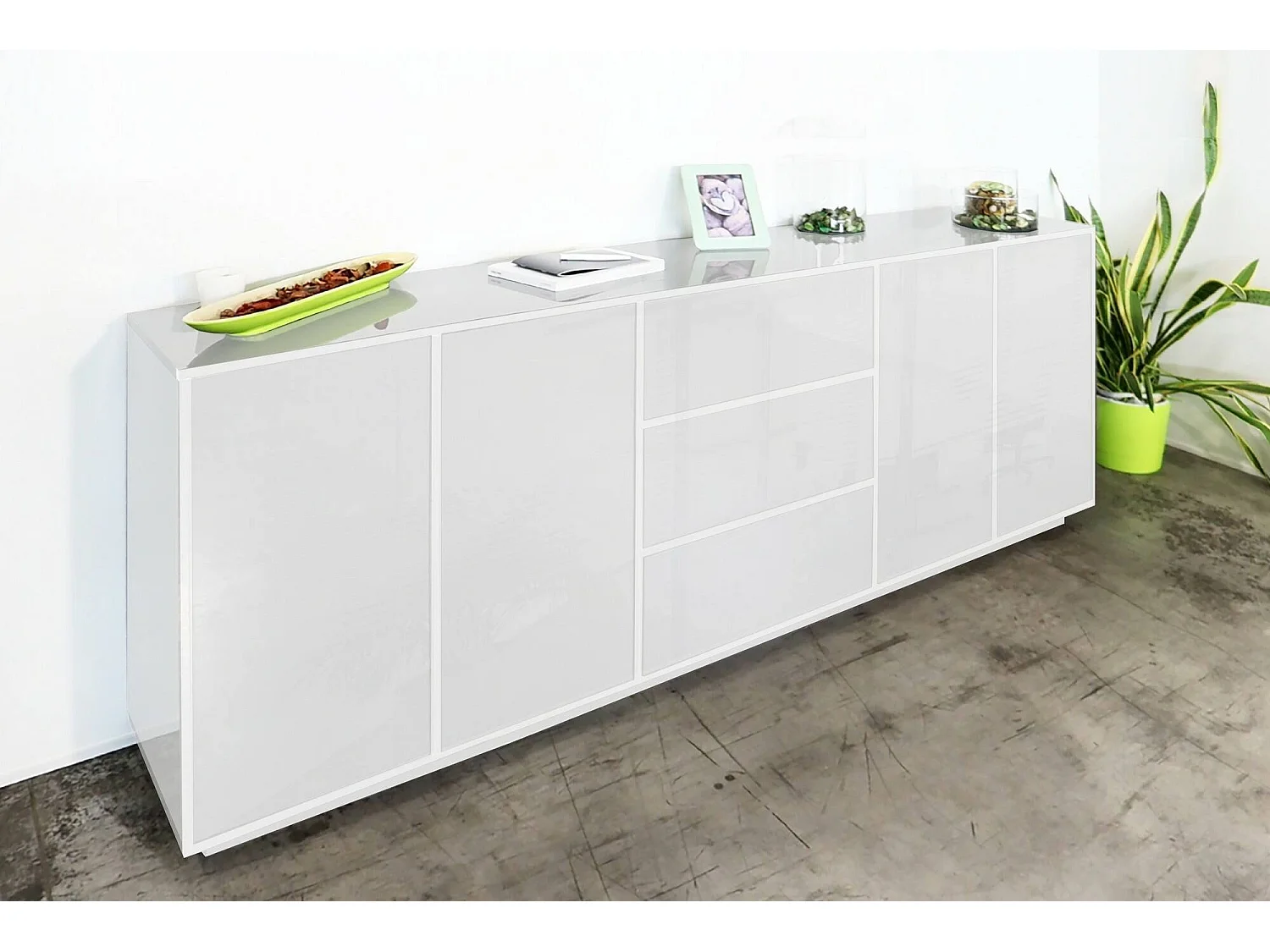 Kommode, Küchen-Sideboard mit 4 Türen und 3 Schubladen, Wohnzimmer-Buffet, 100 % Made in Italy, cm 220x41h86, glänzend weiß