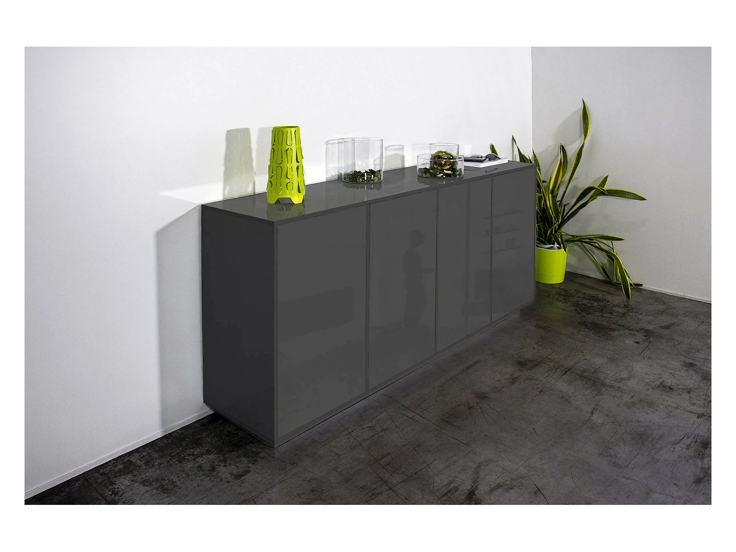 Buffet Virgilio, Buffet de cuisine 4 portes, Buffet de salon, 100% Made in Italy, 180x41h86 cm, Anthracite Brillant