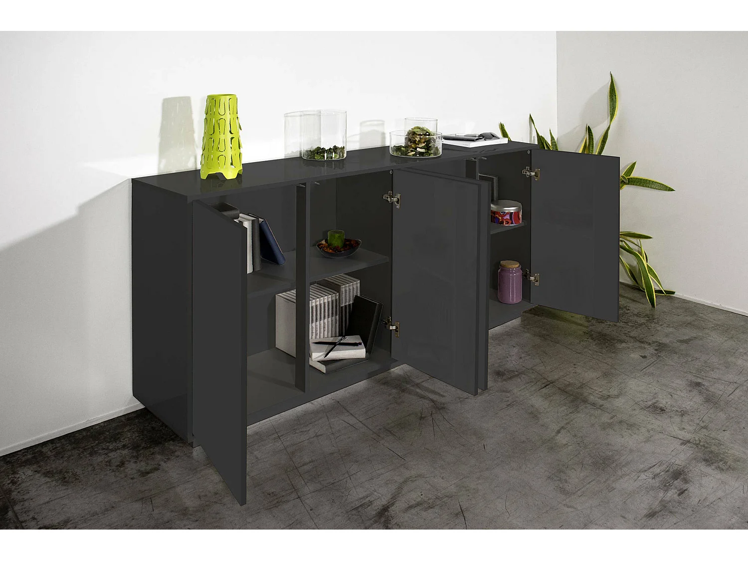 Buffet Virgilio, Buffet de cuisine 4 portes, Buffet de salon, 100% Made in Italy, 180x41h86 cm, Anthracite Brillant