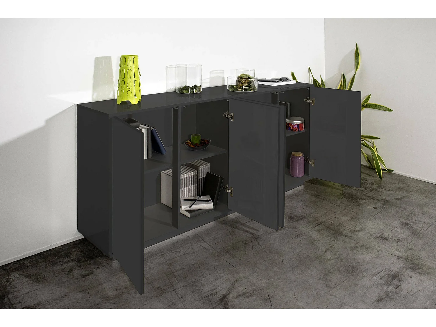 Dmora Credenza Virgilio 41.4x180.1x86h cm Nero Antracite Lucido 2 Ripiani 4 Ante, Madia Apertura Battente Made in Italy