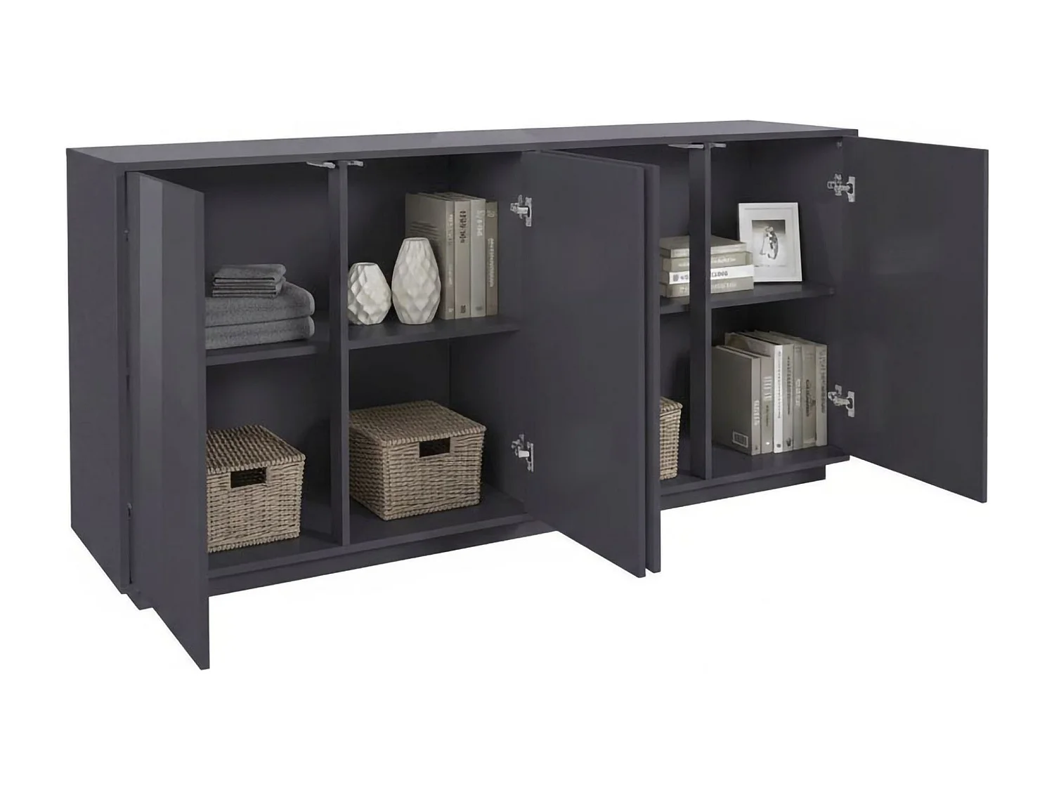 Dmora Credenza Virgilio 41.4x180.1x86h cm Nero Antracite Lucido 2 Ripiani 4 Ante, Madia Apertura Battente Made in Italy