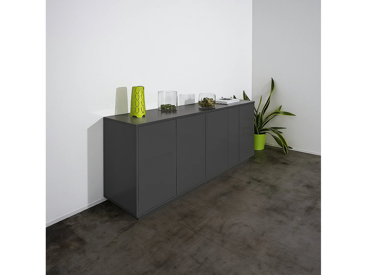 Dmora Credenza Virgilio 41.4x180.1x86h cm Nero Antracite Lucido 2 Ripiani 4 Ante, Madia Apertura Battente Made in Italy