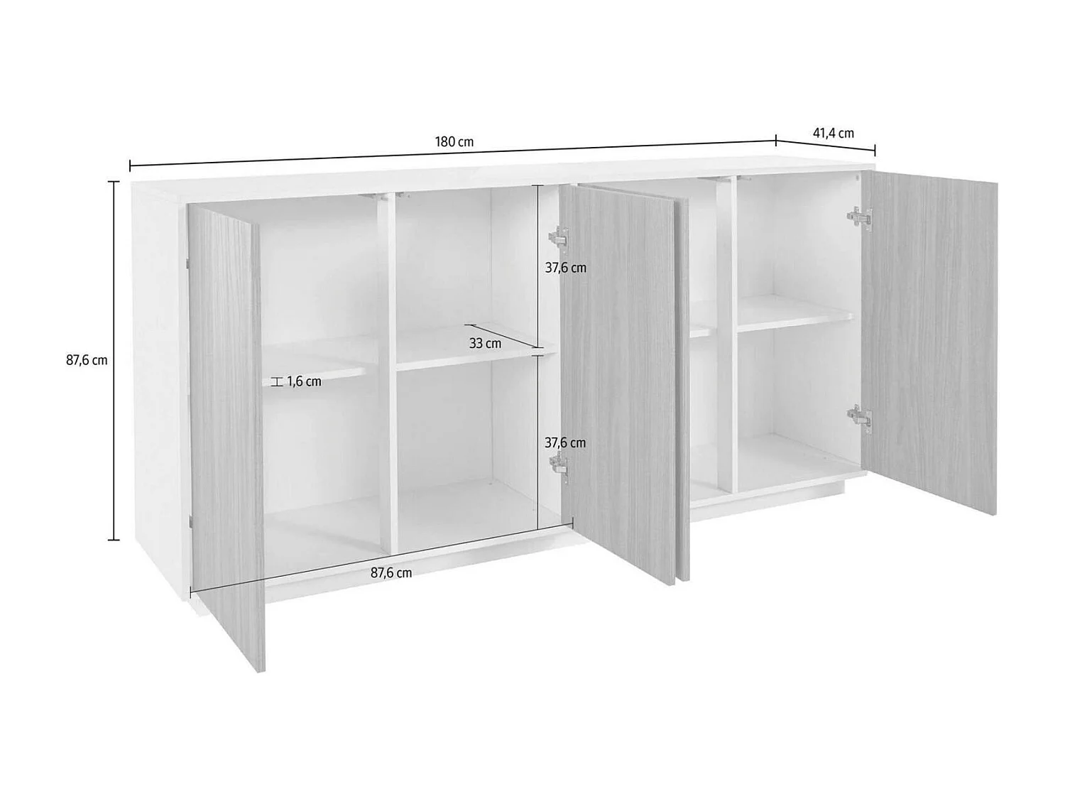 Dmora Credenza Virgilio 41.4x180.1x86h cm Nero Antracite Lucido 2 Ripiani 4 Ante, Madia Apertura Battente Made in Italy