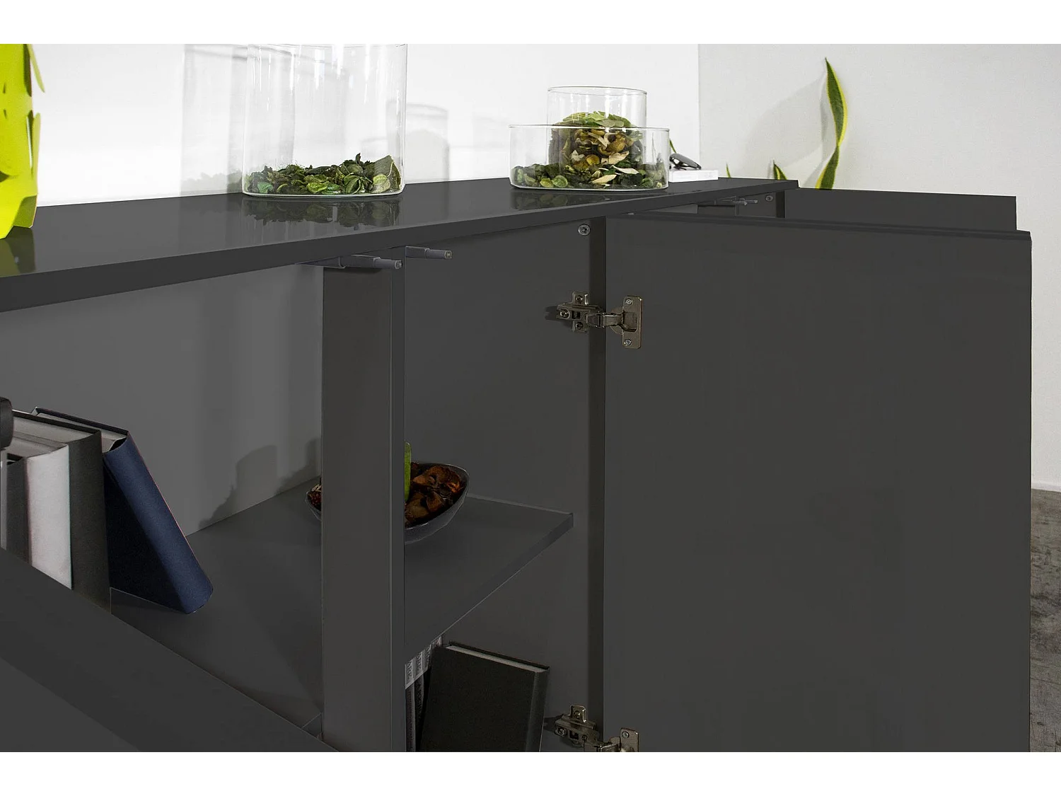 Dmora Credenza Virgilio 41.4x180.1x86h cm Nero Antracite Lucido 2 Ripiani 4 Ante, Madia Apertura Battente Made in Italy