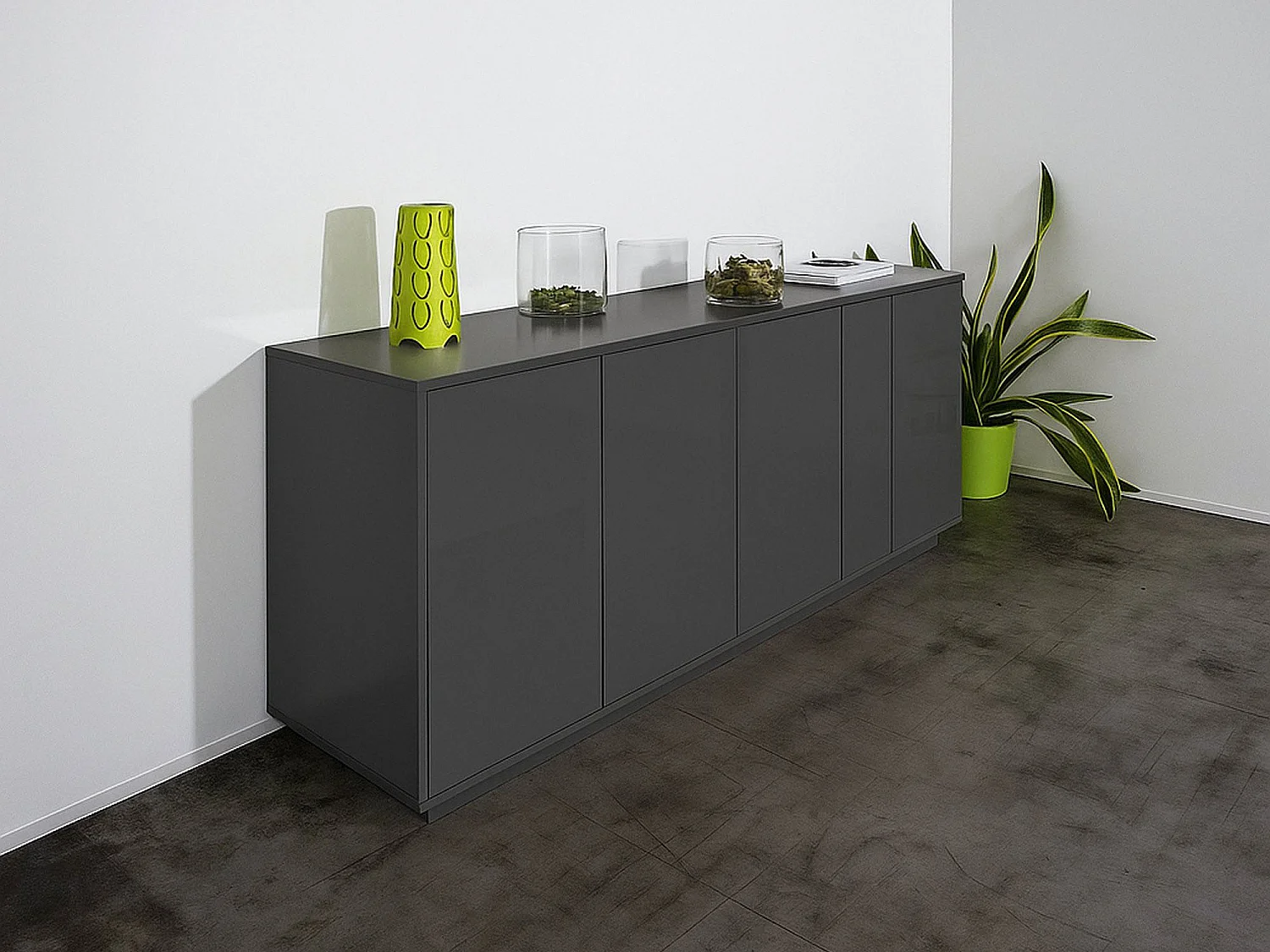 Buffet Virgilio, Buffet de cuisine 4 portes, Buffet de salon, 100% Made in Italy, 180x41h86 cm, Anthracite Brillant