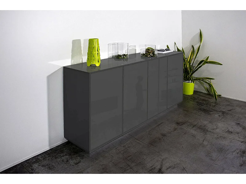 Kommode Virgilio, Küchen-Sideboard mit 4 Türen, Wohnzimmer-Buffet, 100% Made in Italy, cm 180x41h86, Anthrazit glänzend