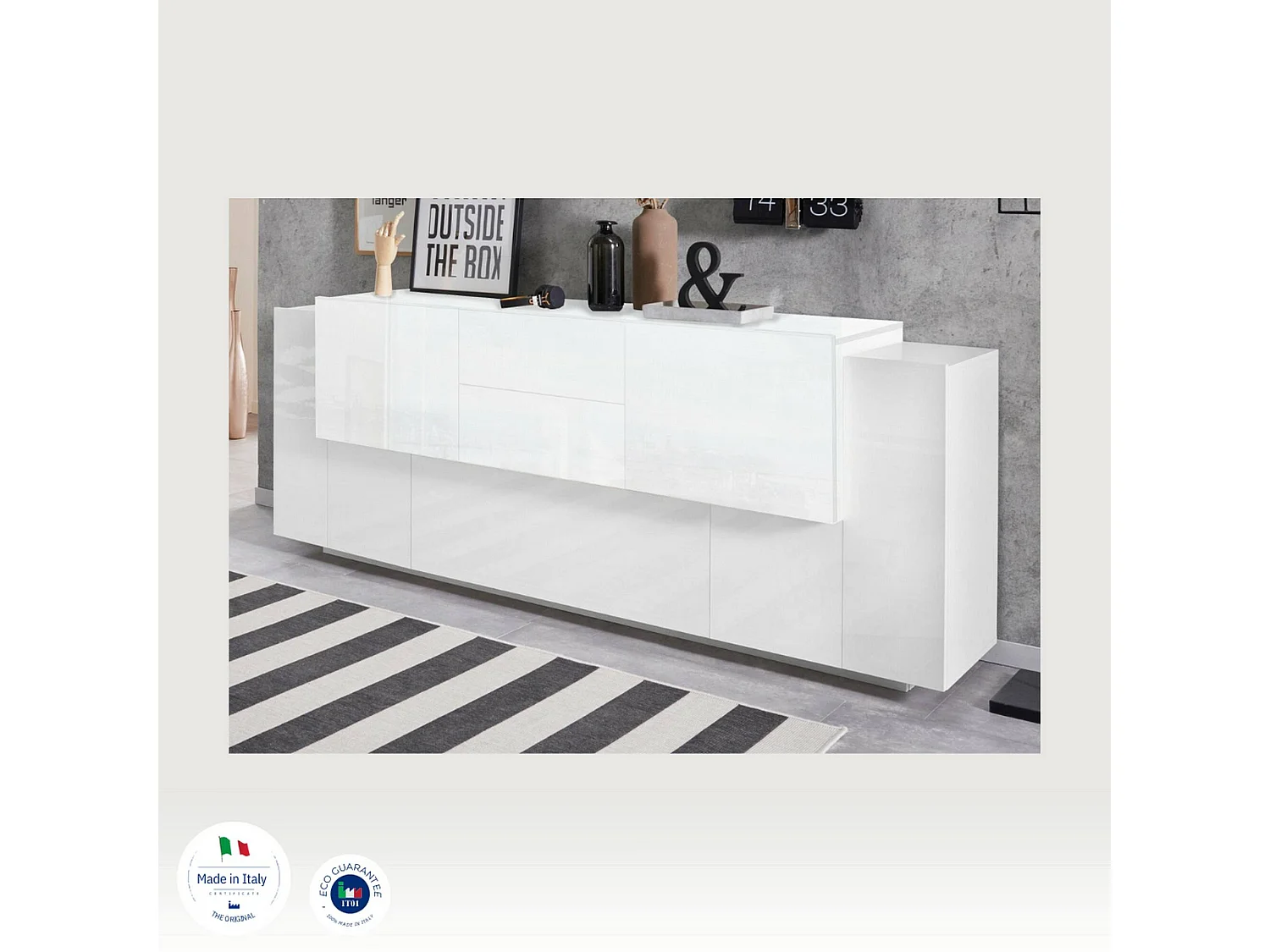 Aparador Cesare, Aparador de cozinha com 5 portas e 2 gavetas, Buffet de sala, Aparador de cozinha, 100% Fabricado em Itália, 220x45h86 cm, Branco brilhante