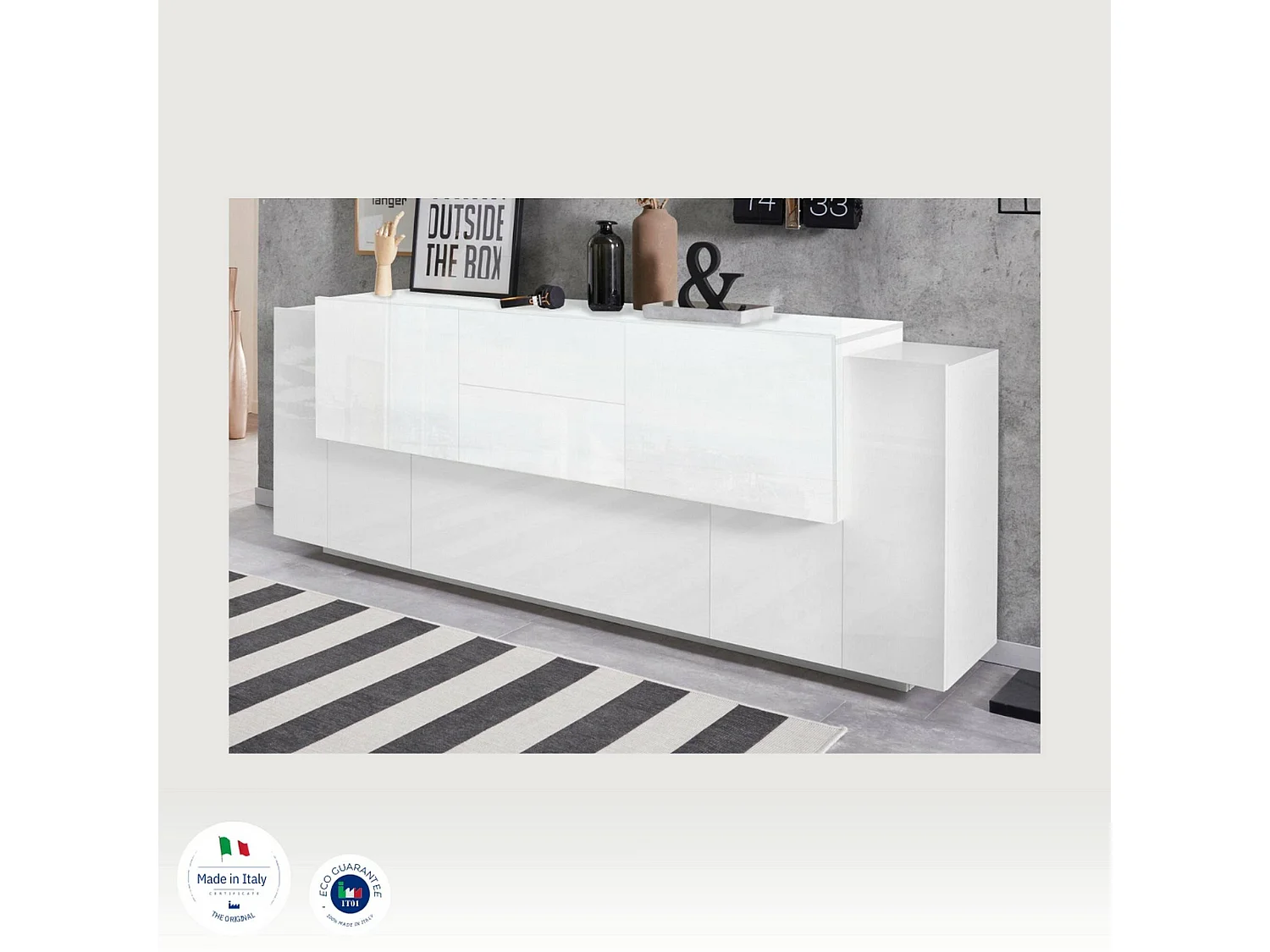 Aparador Cesare, Aparador de cozinha com 5 portas e 2 gavetas, Buffet de sala, Aparador de cozinha, 100% Fabricado em Itália, 220x45h86 cm, Branco brilhante