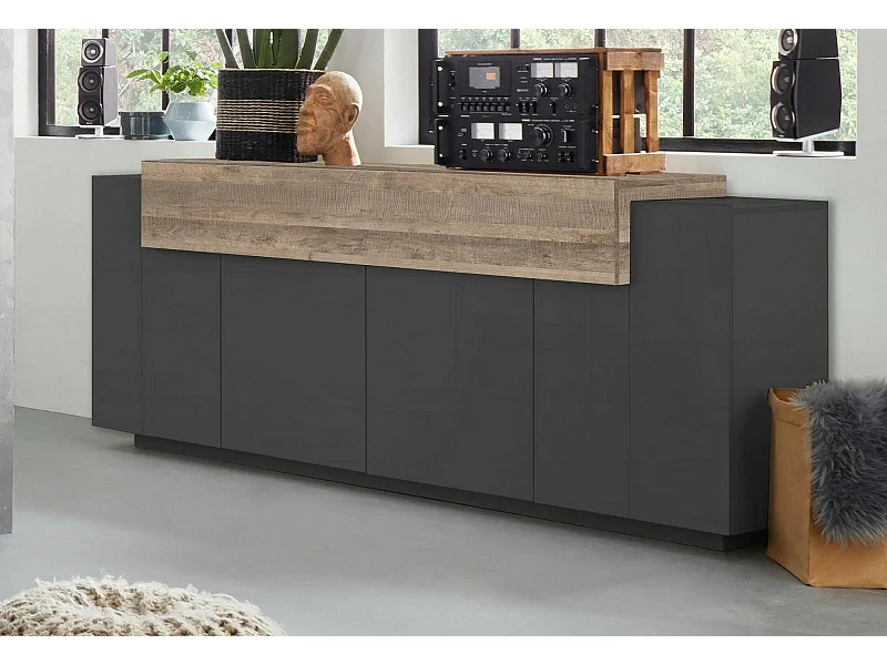 Aparador Loris, aparador de cozinha 4 portas, Buffet de sala, 100% Fabricado em Itália, 220x45h86 cm, Antracite e Bordo