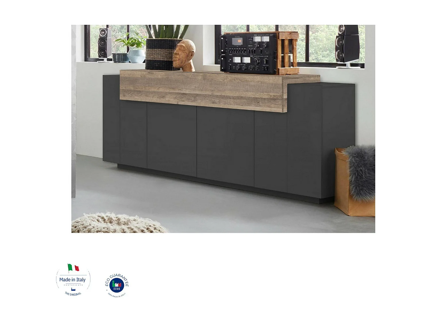 Buffet Loris, Buffet de cuisine 4 portes, Buffet de salon, 100% Made in Italy, 220x45h86 cm, Anthracite et Érable