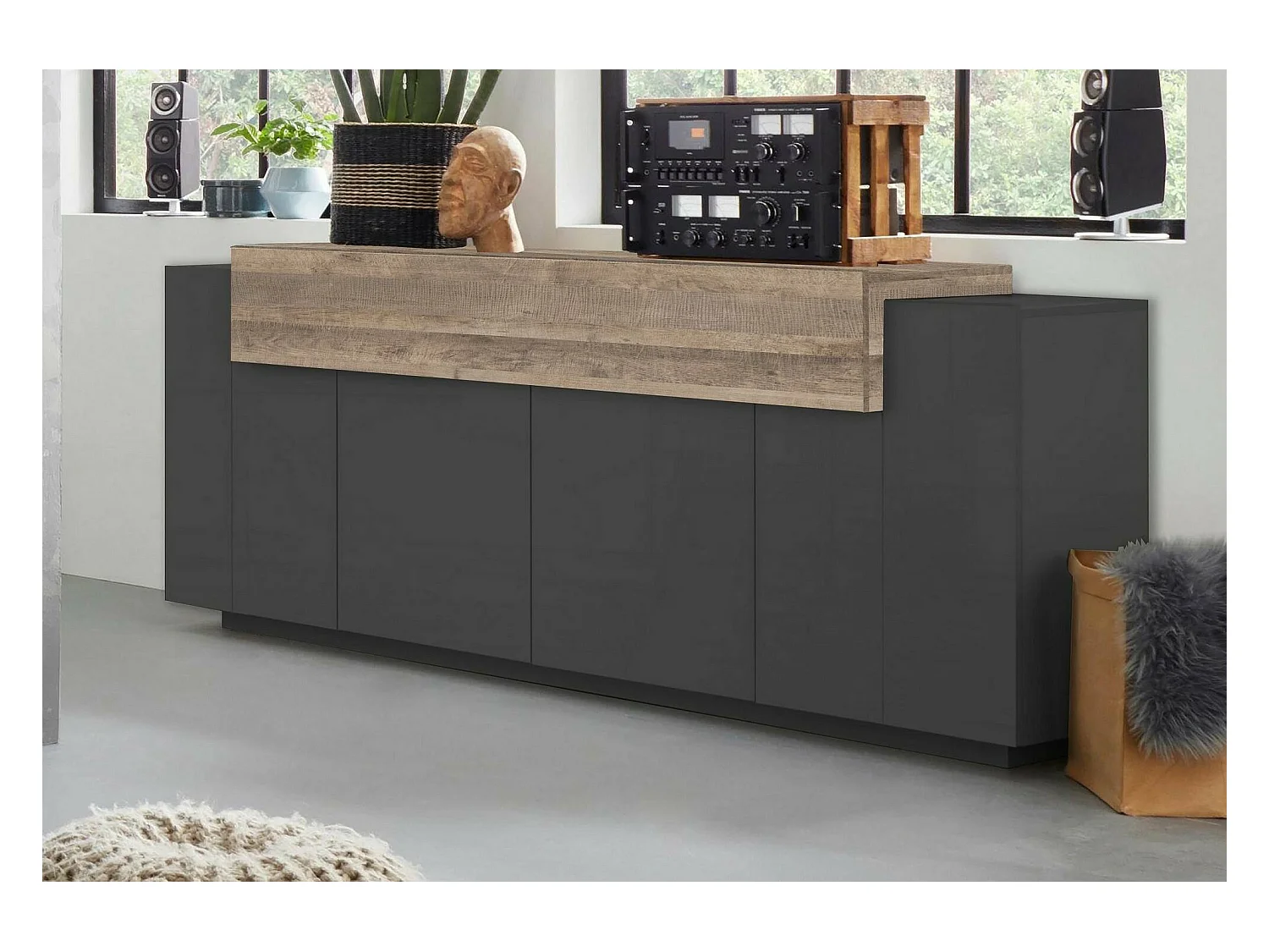 Buffet Loris, Buffet de cuisine 4 portes, Buffet de salon, 100% Made in Italy, 220x45h86 cm, Anthracite et Érable