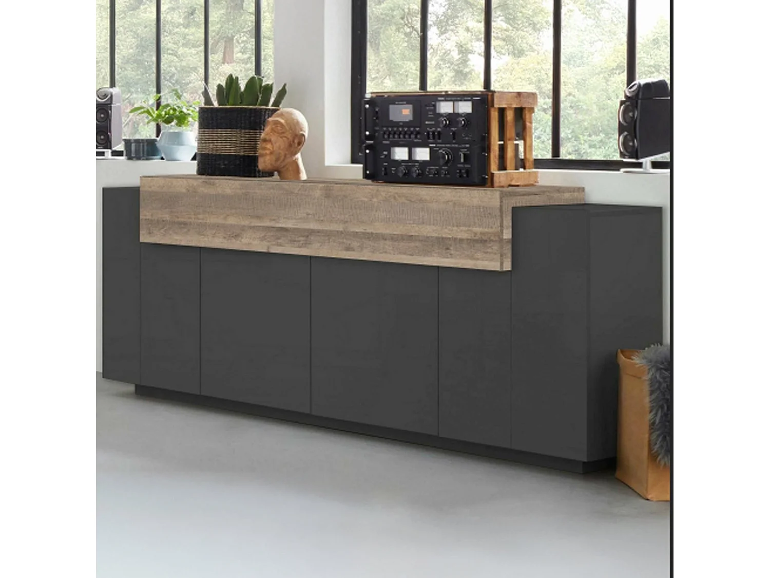 Buffet Loris, Buffet de cuisine 4 portes, Buffet de salon, 100% Made in Italy, 220x45h86 cm, Anthracite et Érable