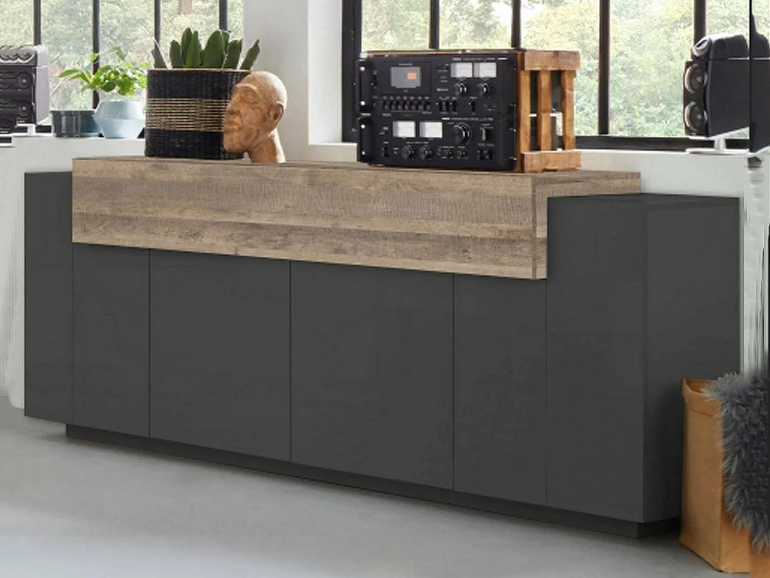 Aparador Loris, Aparador de cocina con 4 puertas, Buffet de salón, 100% Made in Italy, cm 220x45h86, Antracita y Arce