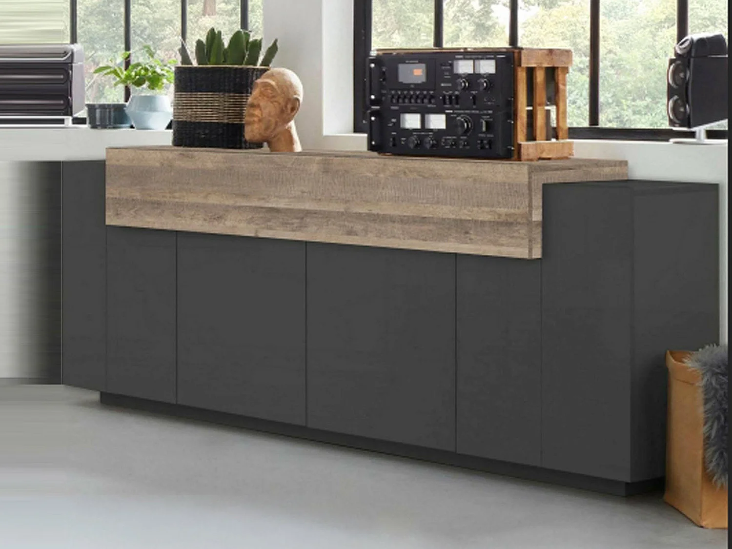 Aparador Loris, Aparador de cocina con 4 puertas, Buffet de salón, 100% Made in Italy, cm 220x45h86, Antracita y Arce