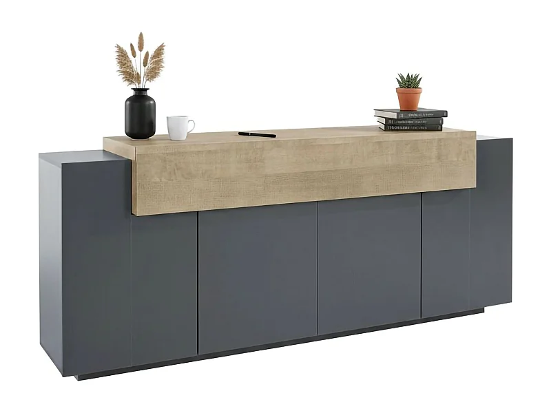 Buffet Loris, Buffet de cuisine 4 portes, Buffet de salon, 100% Made in Italy, 220x45h86 cm, Anthracite et Érable