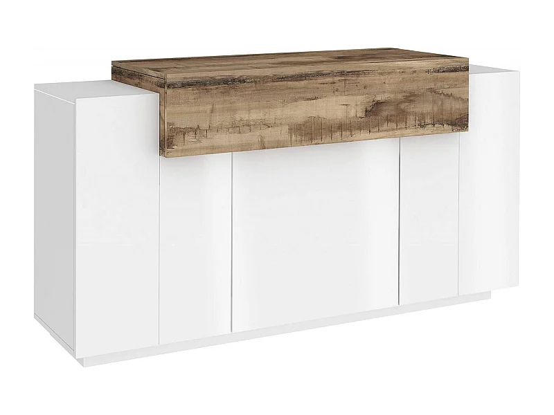 Buffet Dmanar, Buffet de cuisine avec 4 portes, Buffet de salon, 100% Made in Italy, 140x45h86 cm, Blanc brillant et érable