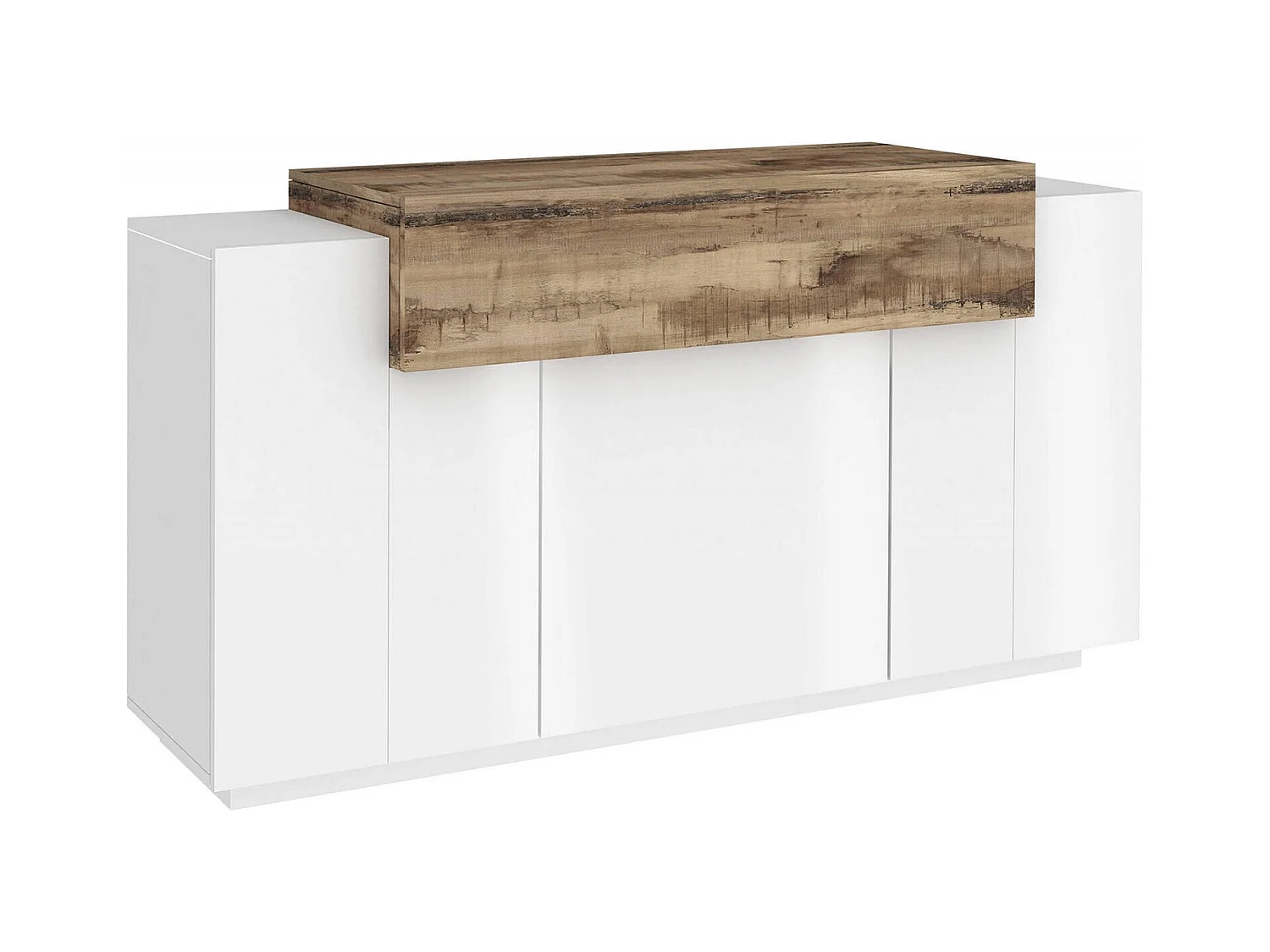 Buffet Dmanar, Buffet de cuisine avec 4 portes, Buffet de salon, 100% Made in Italy, 140x45h86 cm, Blanc brillant et érable