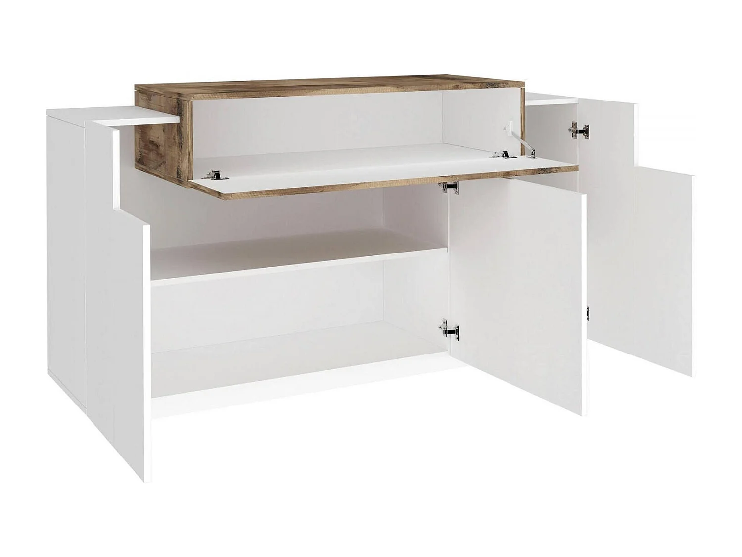 Buffet Dmanar, Buffet de cuisine avec 4 portes, Buffet de salon, 100% Made in Italy, 140x45h86 cm, Blanc brillant et érable