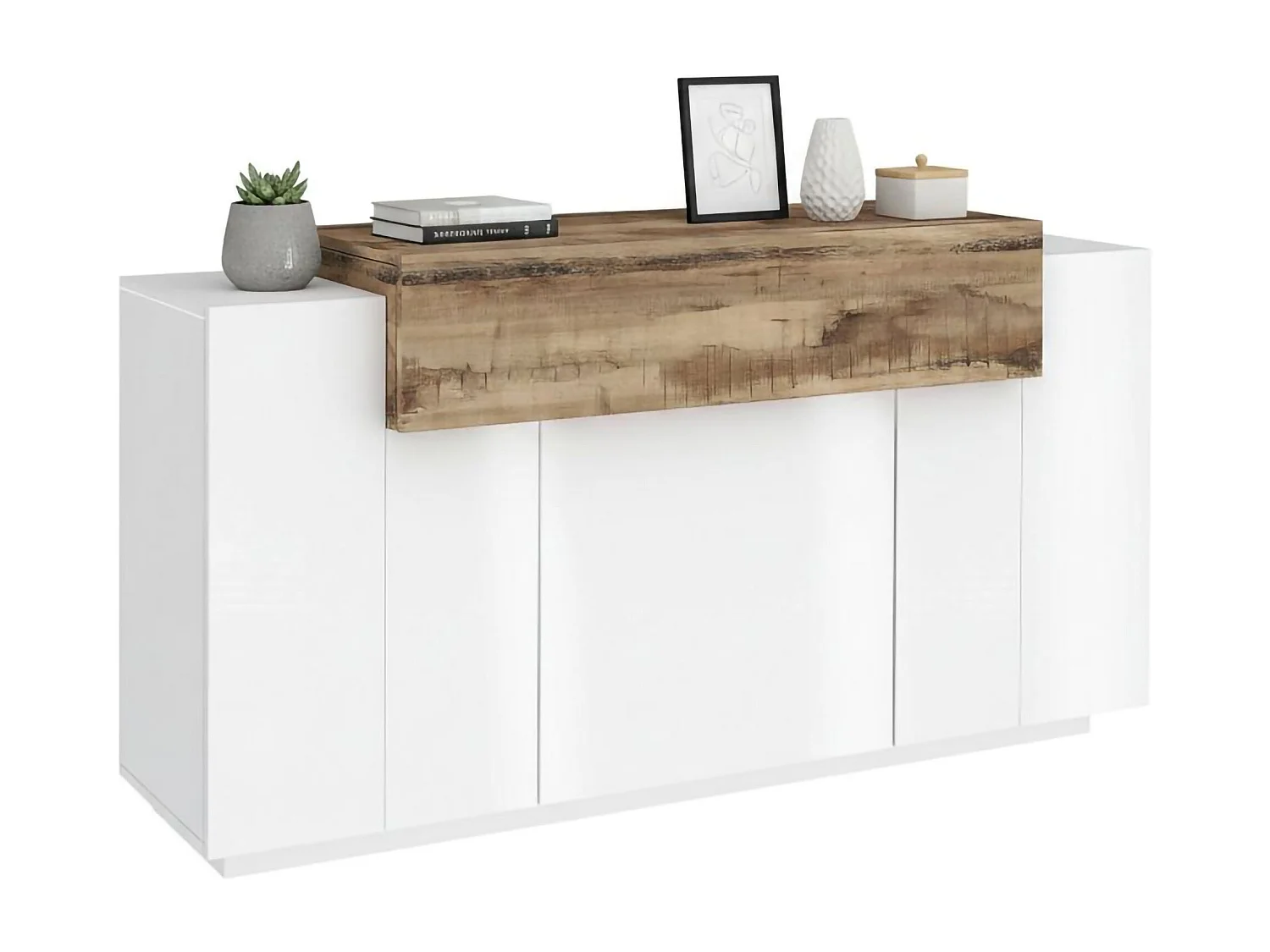 Aparador Dmanar, Aparador de cocina con 4 puertas, Buffet de salón, 100% Made in Italy, cm 140x45h86, Blanco brillo y Arce