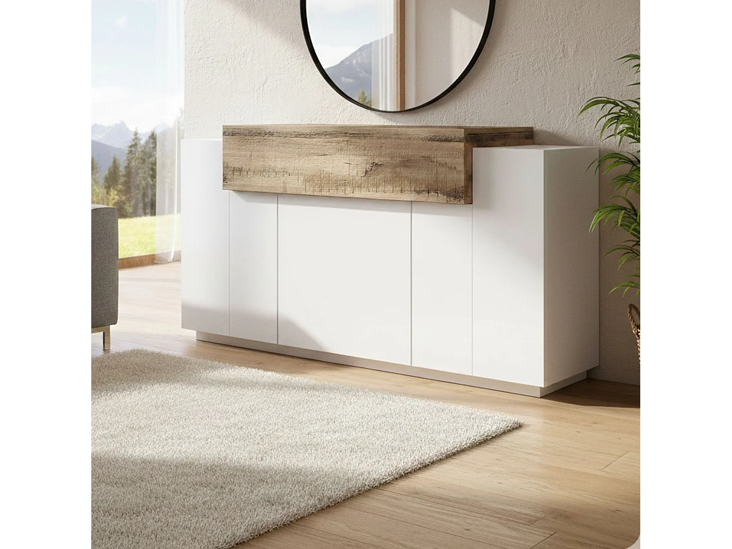 Aparador Dmanar, Aparador de cocina con 4 puertas, Buffet de salón, 100% Made in Italy, cm 140x45h86, Blanco brillo y Arce