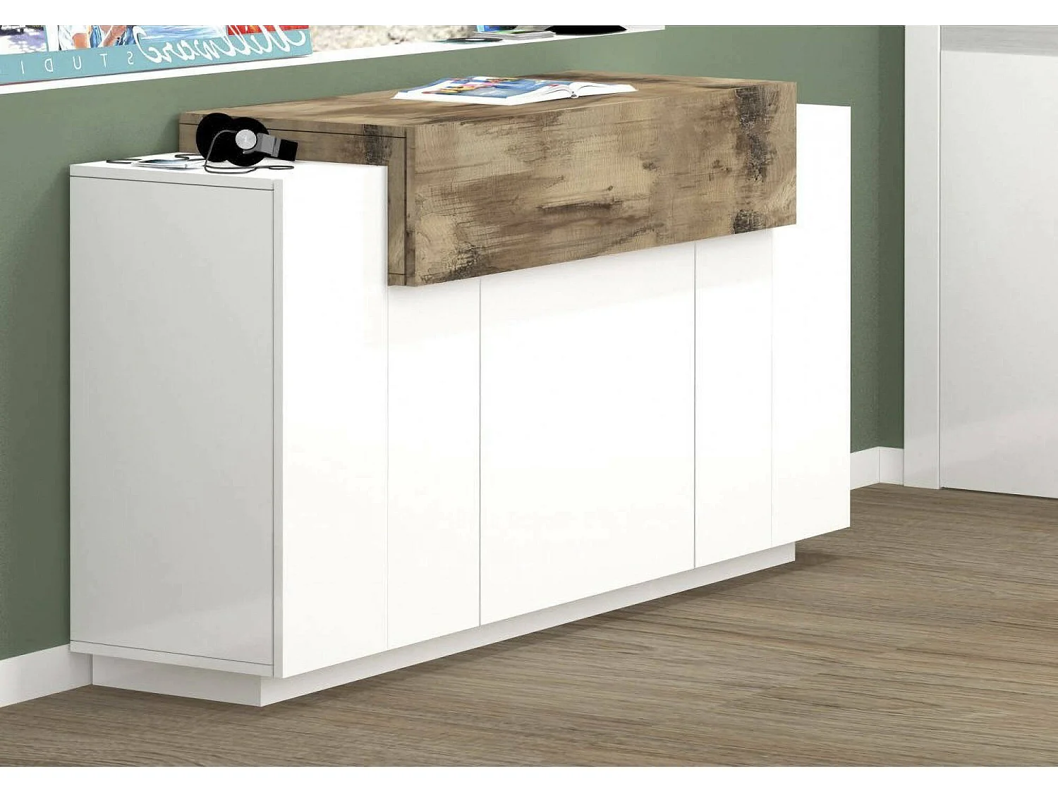 Aparador Dmanar, Aparador de cocina con 4 puertas, Buffet de salón, 100% Made in Italy, cm 140x45h86, Blanco brillo y Arce