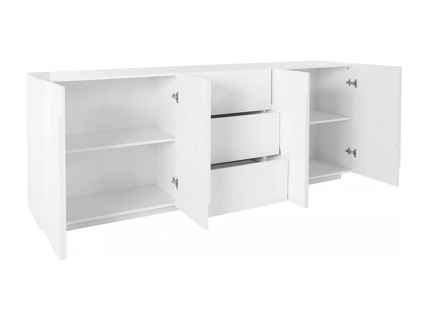 Kommode Mason, Küchen-Sideboard mit 4 Türen und 3 Schubladen, Wohnzimmer-Buffet, 100 % Made in Italy, cm 224x44h86, glänzend weiß