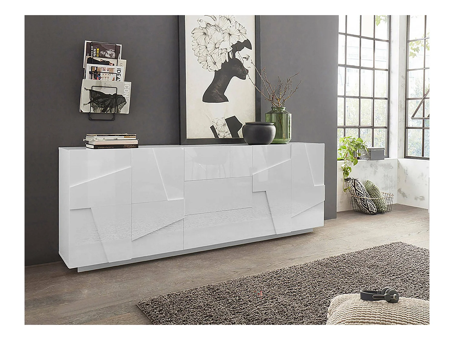 Buffet Mason, Buffet de cuisine avec 4 portes et 3 tiroirs, Buffet de salon, 100% Made in Italy, 224x44h86 cm, Blanc brillant