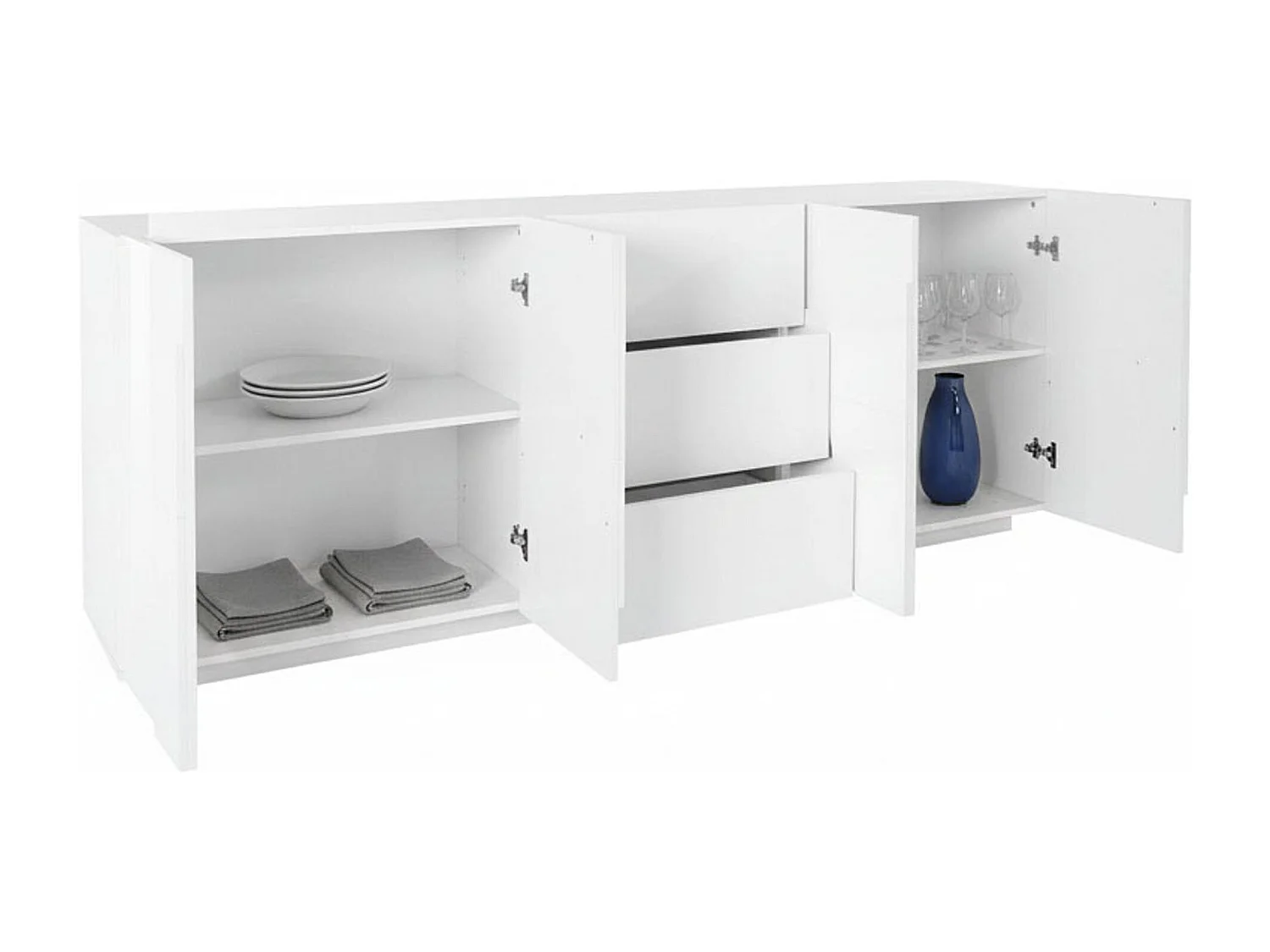 Buffet Mason, Buffet de cuisine avec 4 portes et 3 tiroirs, Buffet de salon, 100% Made in Italy, 224x44h86 cm, Blanc brillant