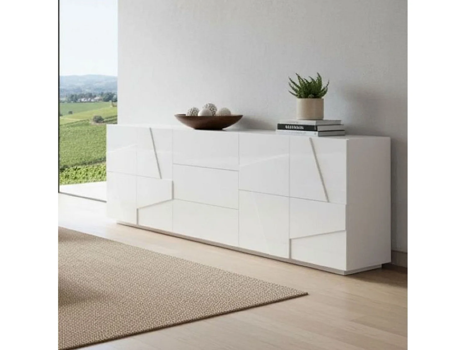 Buffet Mason, Buffet de cuisine avec 4 portes et 3 tiroirs, Buffet de salon, 100% Made in Italy, 224x44h86 cm, Blanc brillant