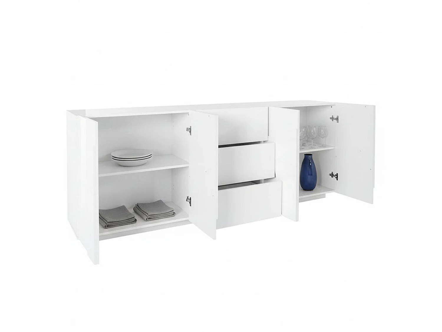 Aparador Mason, Aparador de cocina con 4 puertas y 3 cajones, Buffet de salón, 100% Made in Italy, cm 224x44h86, Blanco brillo