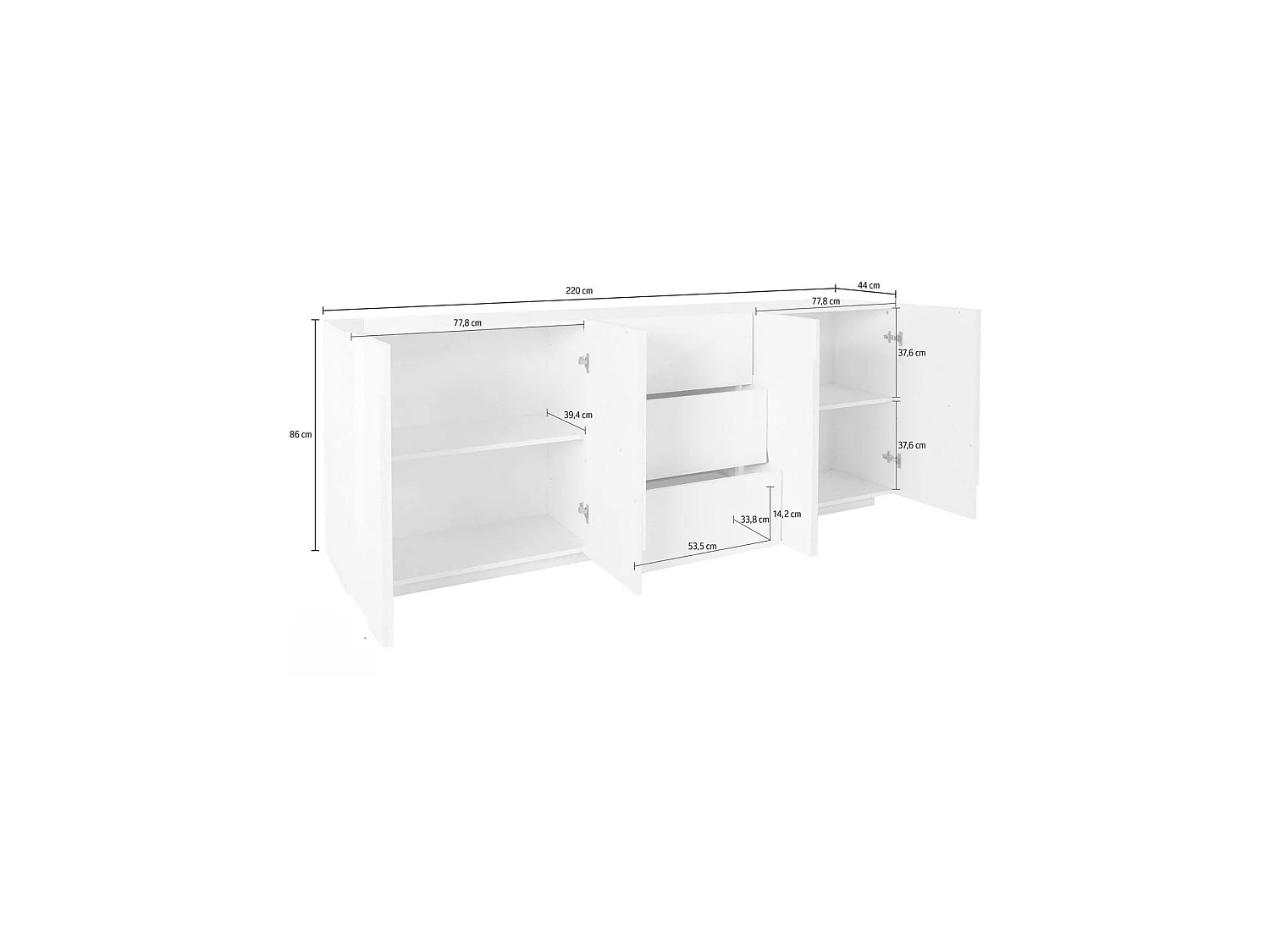 Aparador Mason, Aparador de cocina con 4 puertas y 3 cajones, Buffet de salón, 100% Made in Italy, cm 224x44h86, Blanco brillo