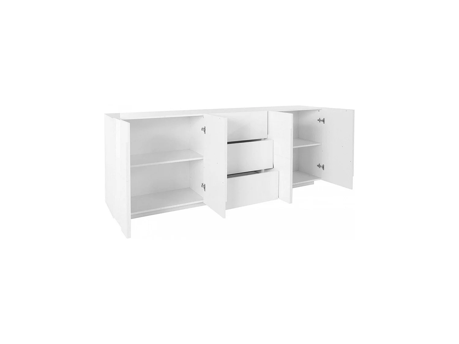 Aparador Mason, Aparador de cocina con 4 puertas y 3 cajones, Buffet de salón, 100% Made in Italy, cm 224x44h86, Blanco brillo