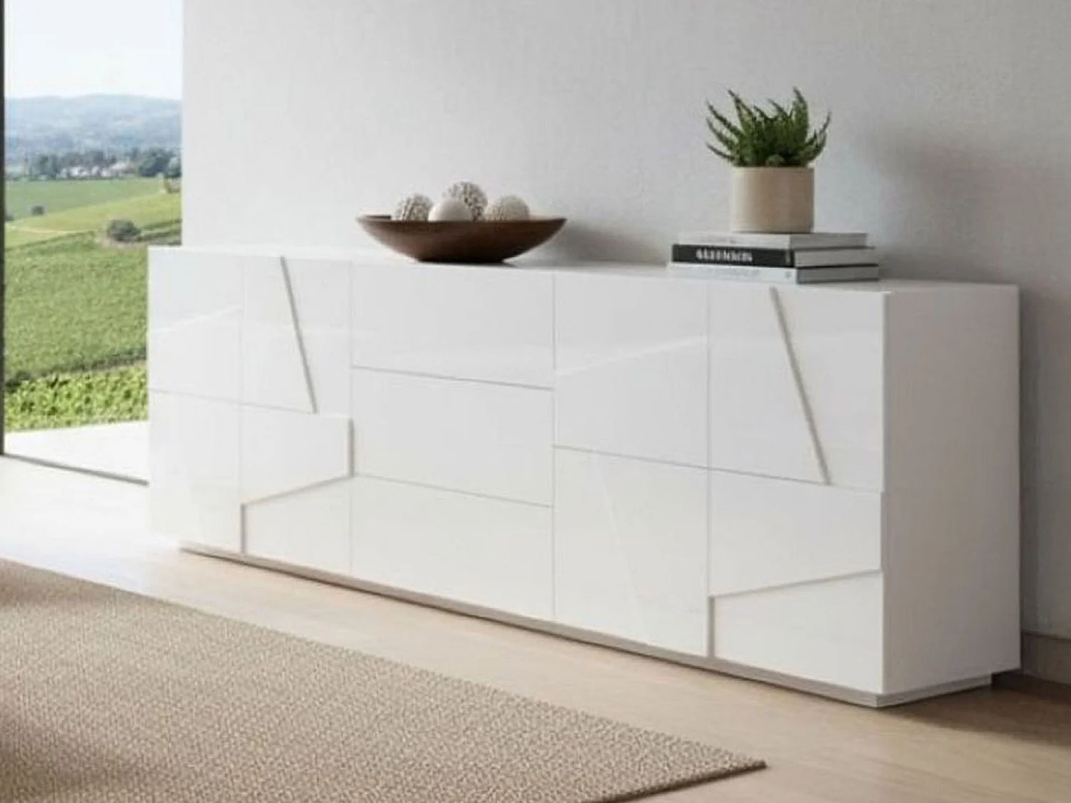 Aparador Mason, Aparador de cocina con 4 puertas y 3 cajones, Buffet de salón, 100% Made in Italy, cm 224x44h86, Blanco brillo