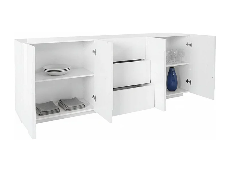 Buffet Maon, Buffet de cuiine avec 4 porte et 3 tiroir, Buffet de alon, 100% Made in Italy, 224x44h86 cm, Blanc brillant