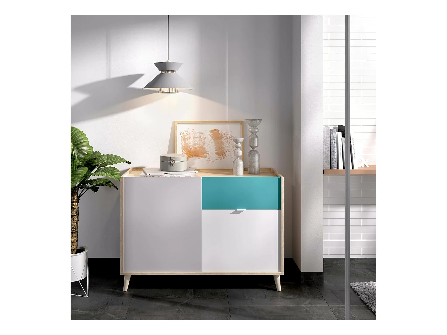 Buffet Mitchell, Buffet de salon, Buffet de salon moderne avec 2 portes, 105x43h75 cm, Blanc et Chêne