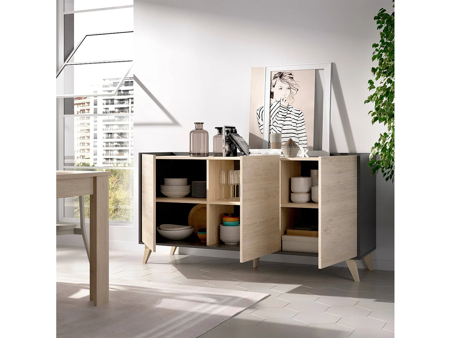 Avez dressoir, Woonkamerbuffet, Modern woonkamerdressoir met 3 deuren, 155x43h75 cm, Eiken en Antraciet