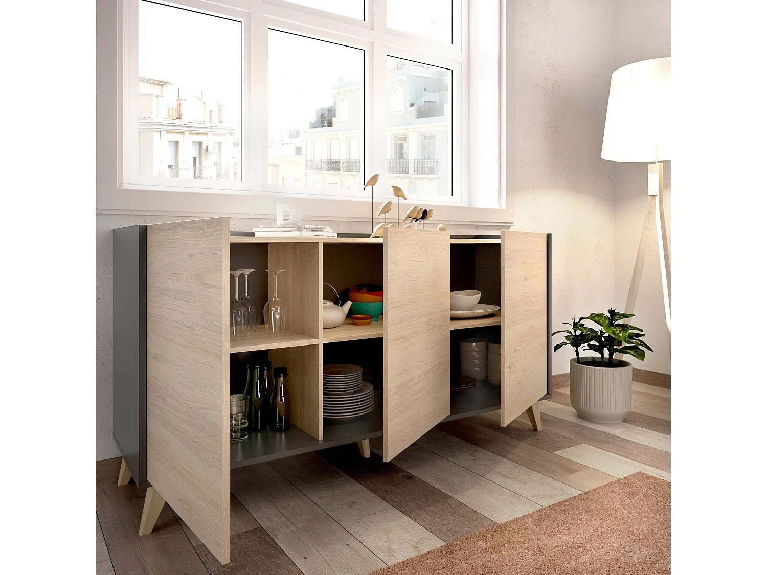 Avez dressoir, Woonkamerbuffet, Modern woonkamerdressoir met 3 deuren, 155x43h75 cm, Eiken en Antraciet