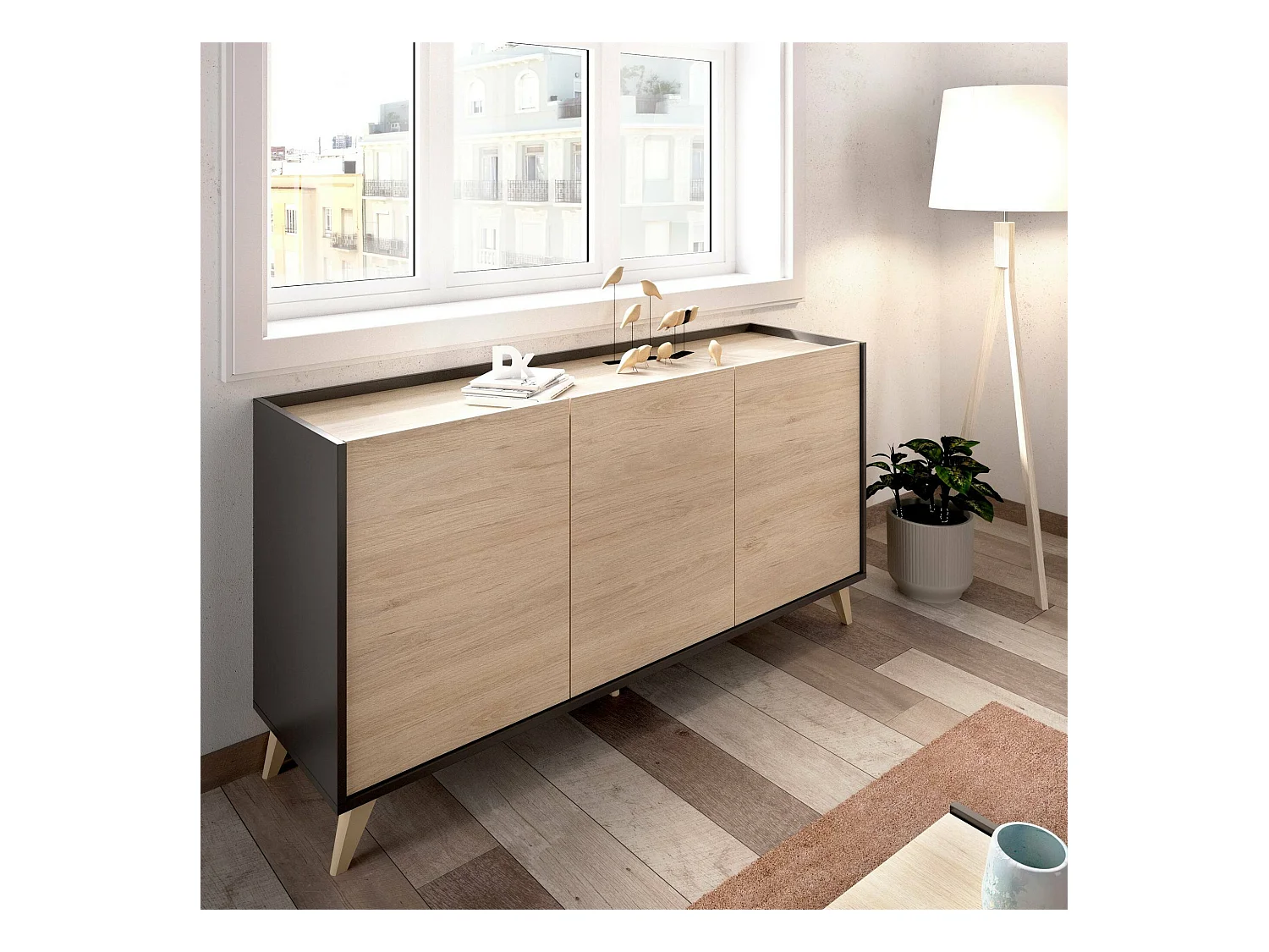Credenza Avez, Buffet da soggiorno, Madia moderna da salotto a 3 ante, 155x43h75 cm, Rovere e Antracite